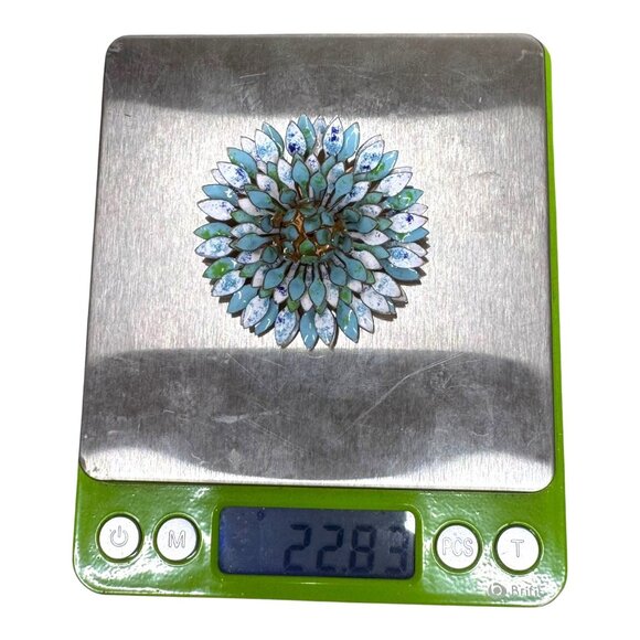 Vtg Gold Tone Enamel Flower Brooch Large Blue Green White Pin Carnation Dahlia - Picture 5 of 5